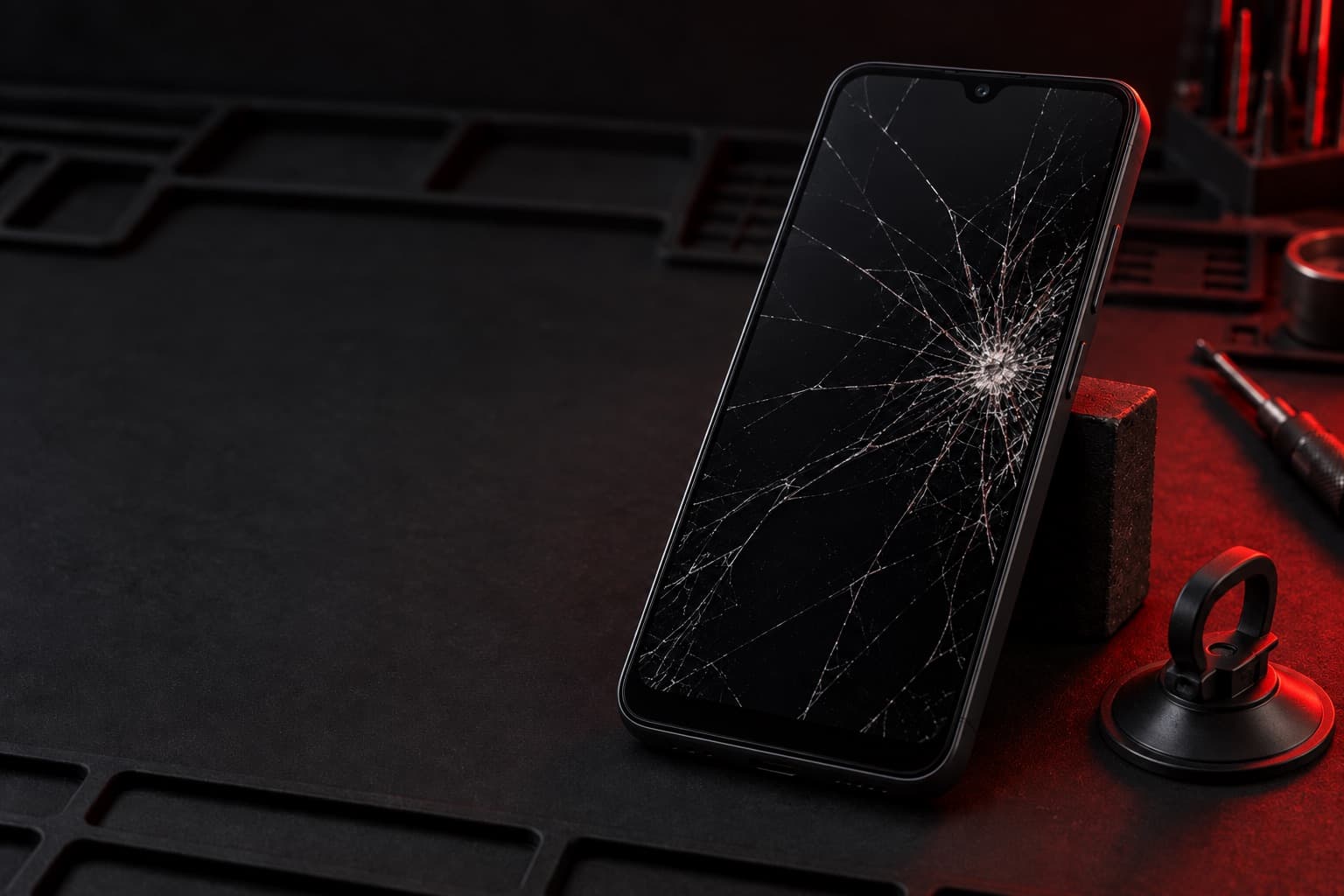 Galaxy A14 5G con la pantalla destrozada sobre un tapete de reparación junto a una ventosa