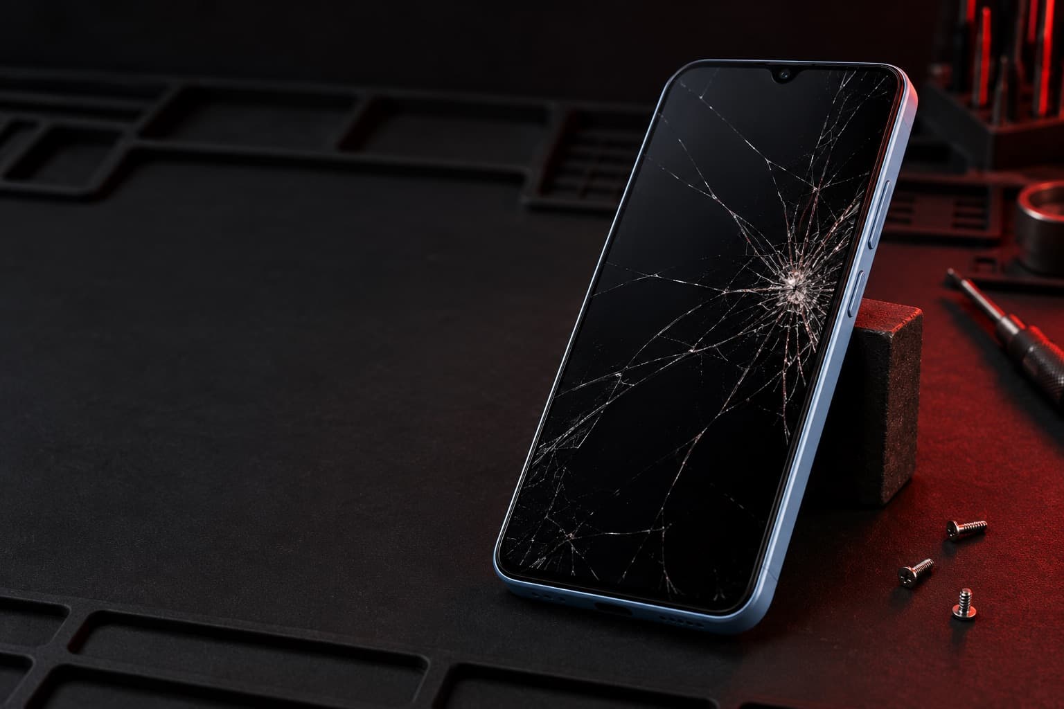 Light blue Samsung Galaxy A15 5G with a cracked screen leaning on a block, loose screws nearby