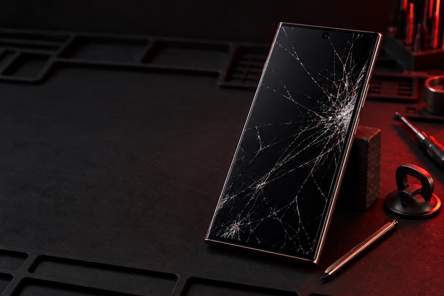 Galaxy Note20 Ultra con la pantalla destrozada y su S Pen sobre un tapete de reparación