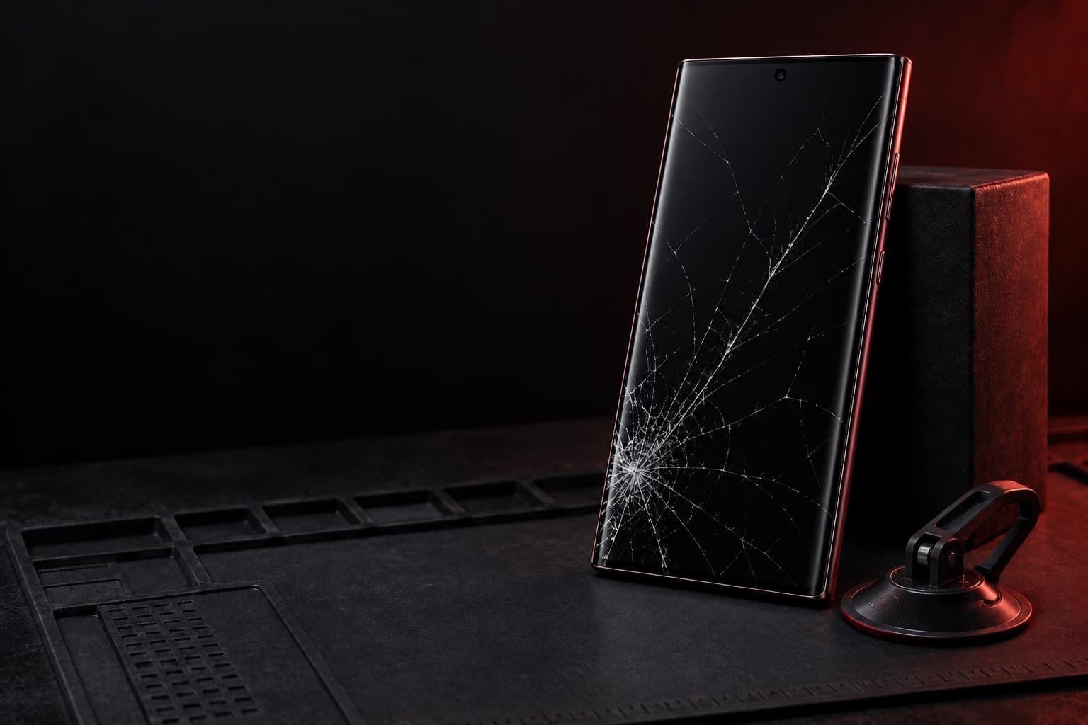 Galaxy S21 Ultra 5G with a shattered screen on a repair mat beside a suction cup tool