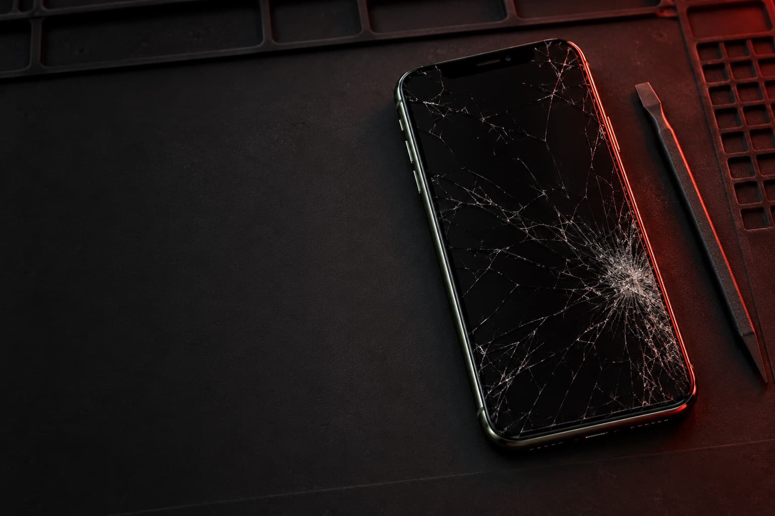 iPhone 11 Pro Max verde medianoche con la pantalla rota sobre un tapete de reparación junto a una espátula
