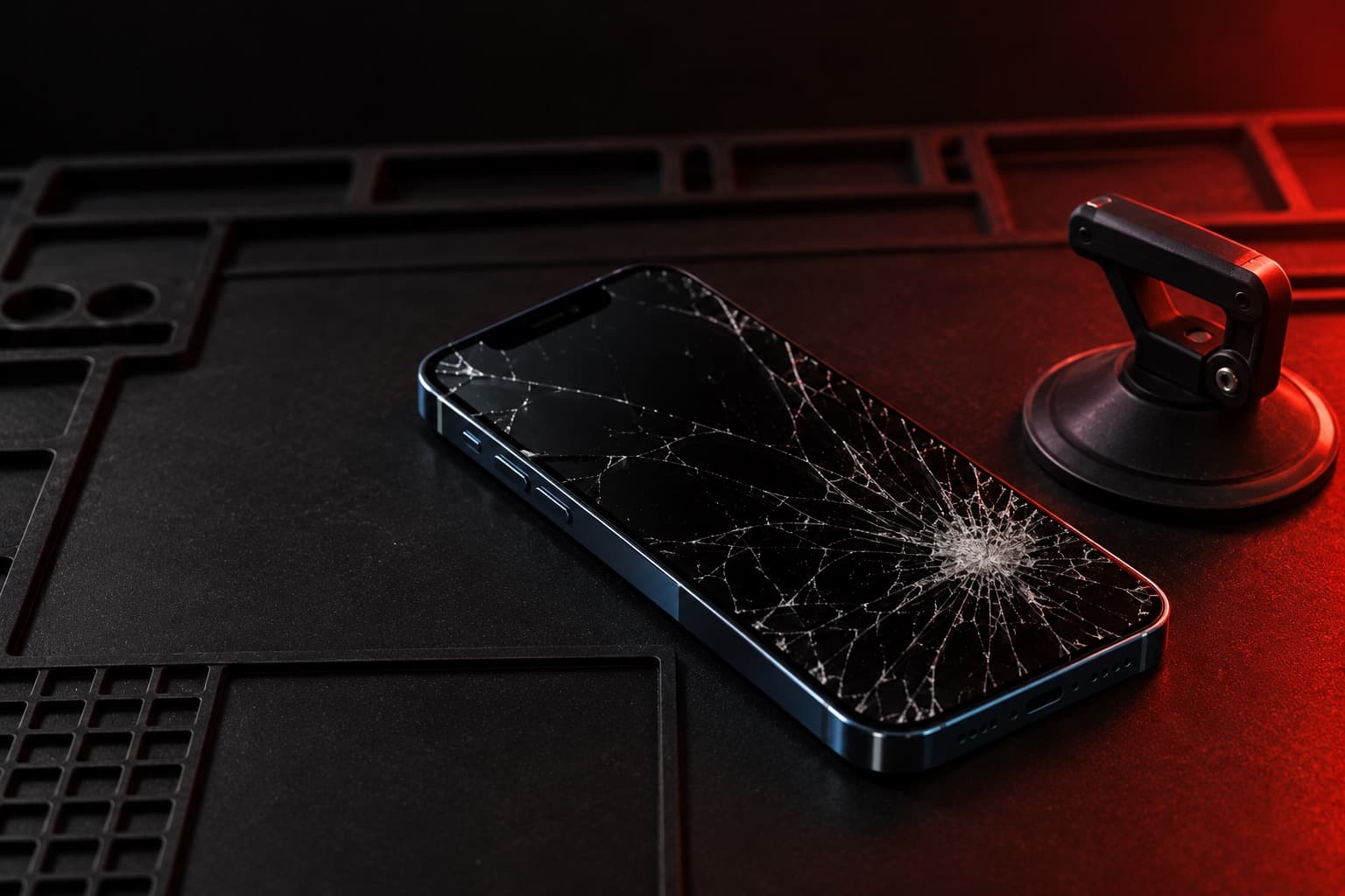 iPhone 12 Pro with a shattered screen on a repair mat beside a suction cup tool