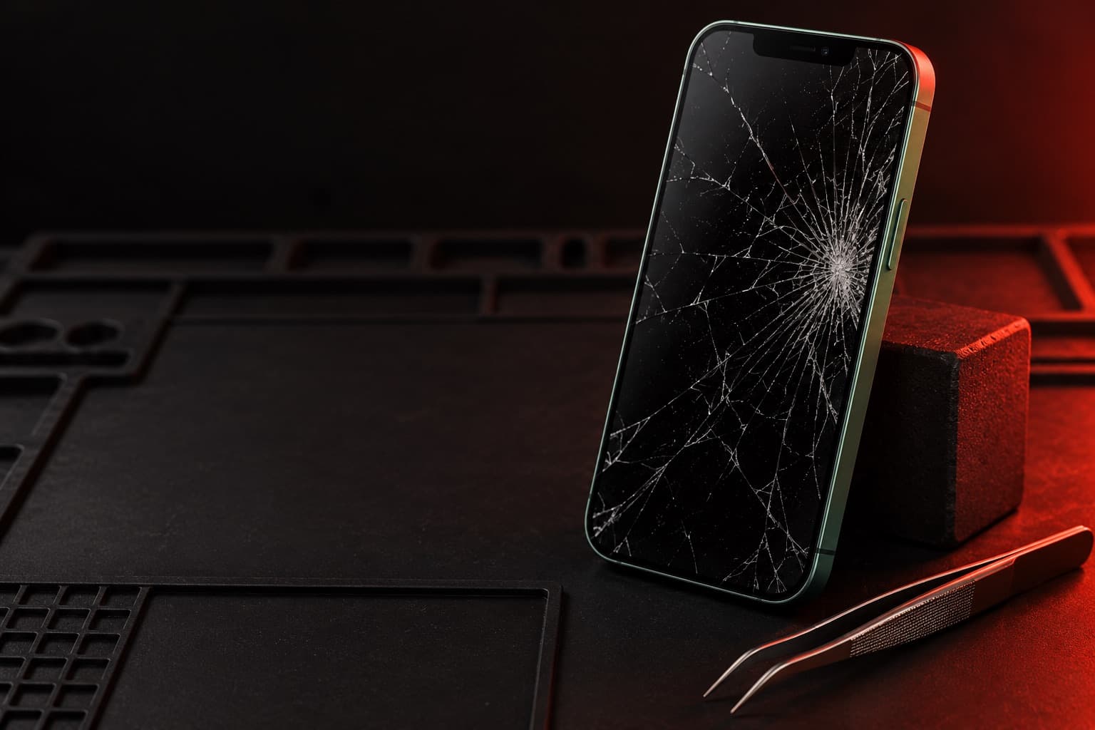 Green iPhone 12 with a cracked screen leaning on a block, tweezers nearby