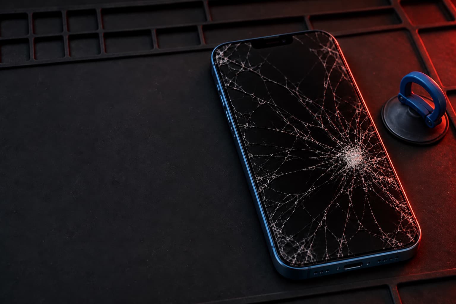 iPhone 14 Plus con la pantalla destrozada sobre un tapete de reparación junto a una ventosa