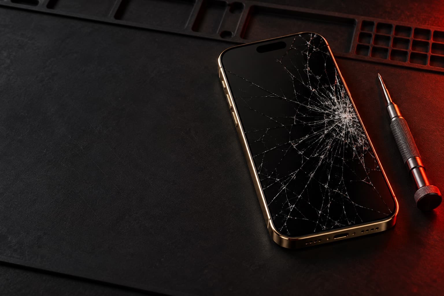 Gold iPhone 14 Pro with a cracked screen on a repair mat next to a precision screwdriver