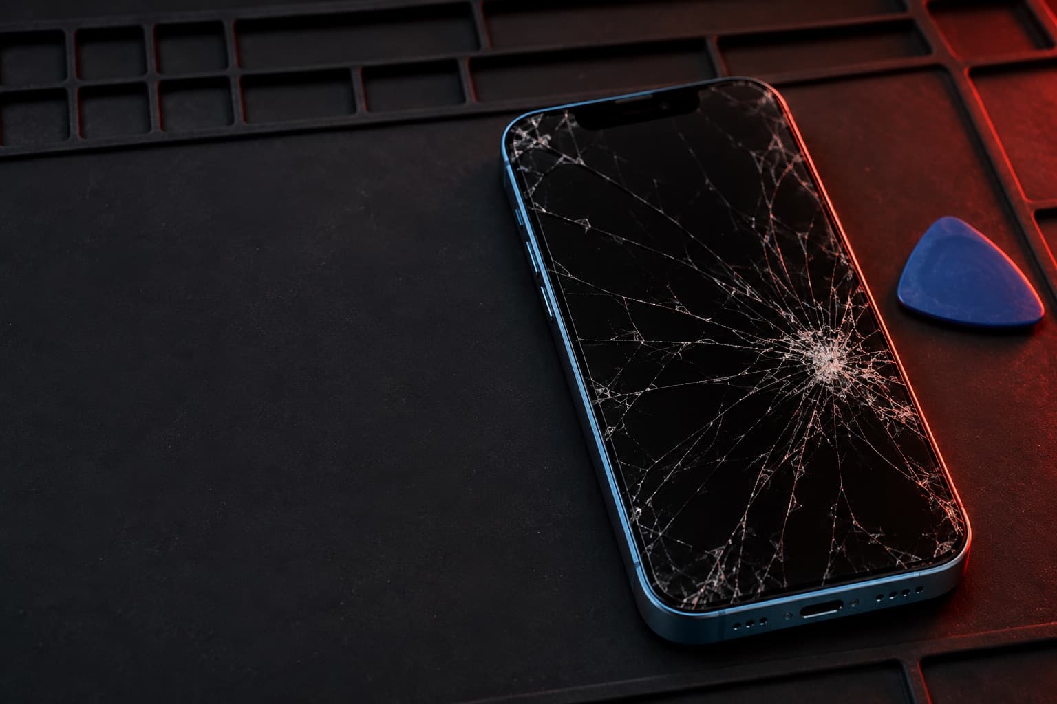 Blue iPhone 14 with a shattered screen on a repair mat beside a plastic pry pick