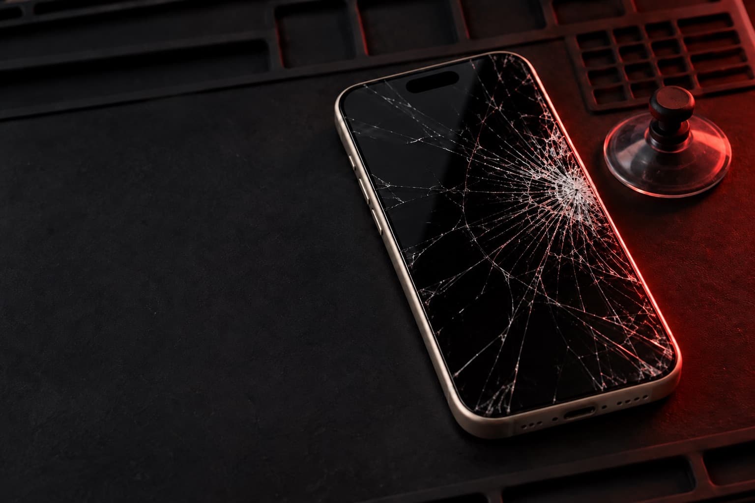iPhone 15 Pro con la pantalla destrozada sobre un tapete de reparación junto a una ventosa