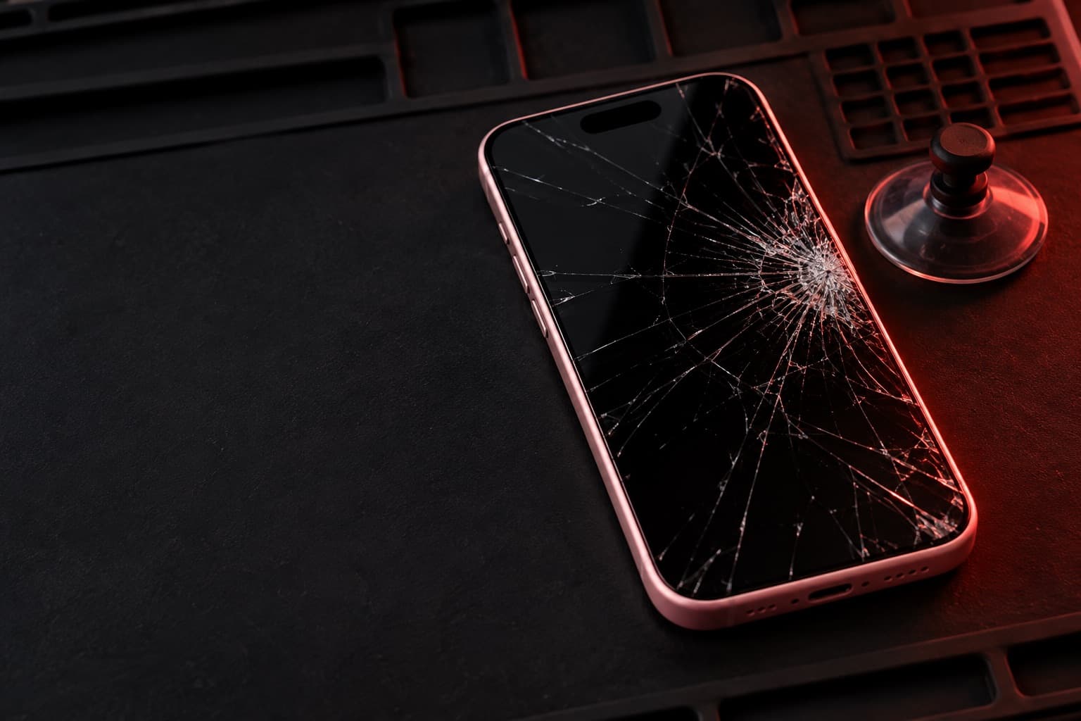 Pink iPhone 15 with a shattered screen on a repair mat beside a suction cup tool
