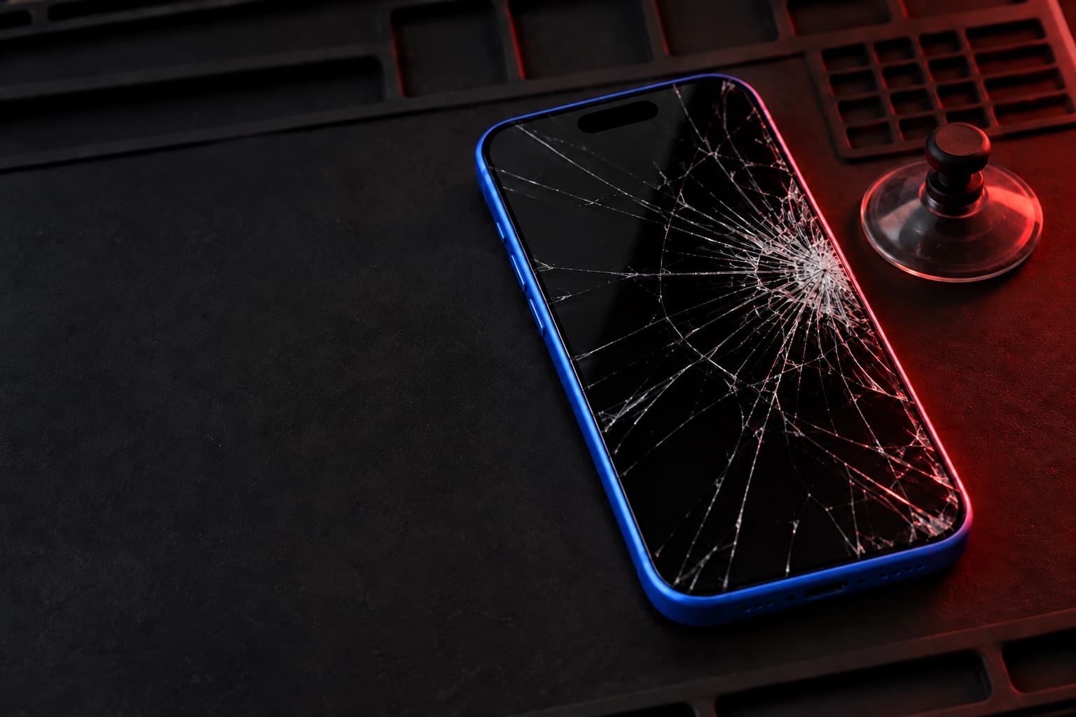 iPhone 16 with a shattered screen on a repair mat beside a suction cup tool