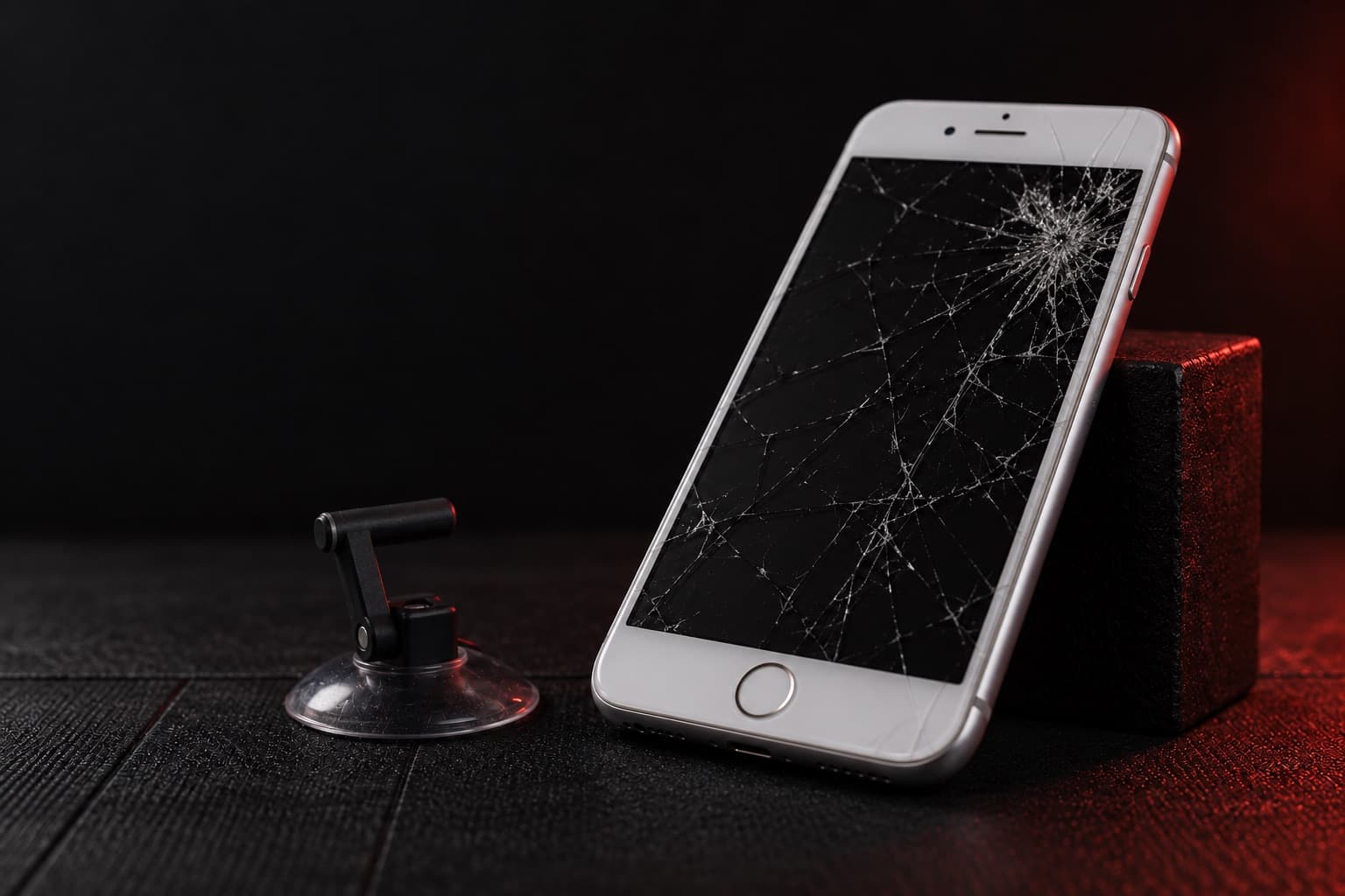 iPhone 8 Plus with a shattered screen on a repair mat beside a suction cup tool