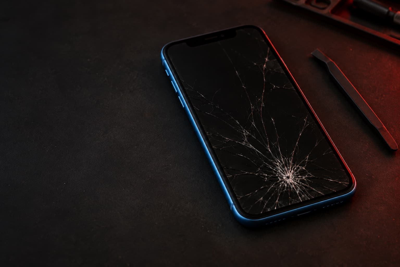 Blue iPhone XR with a cracked screen on a repair mat beside a spudger