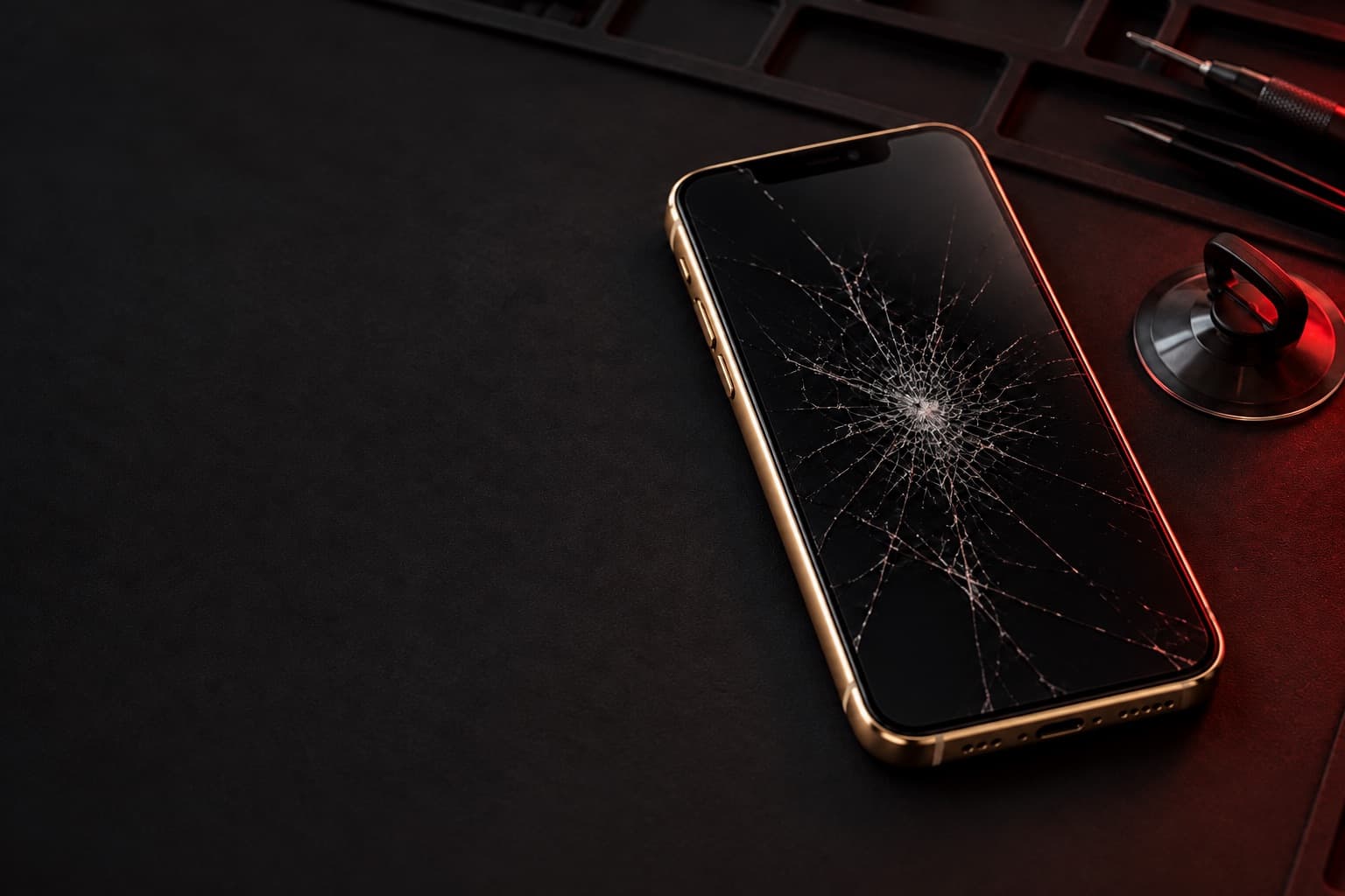 iPhone XS Max with a shattered screen on a repair mat beside a suction cup tool