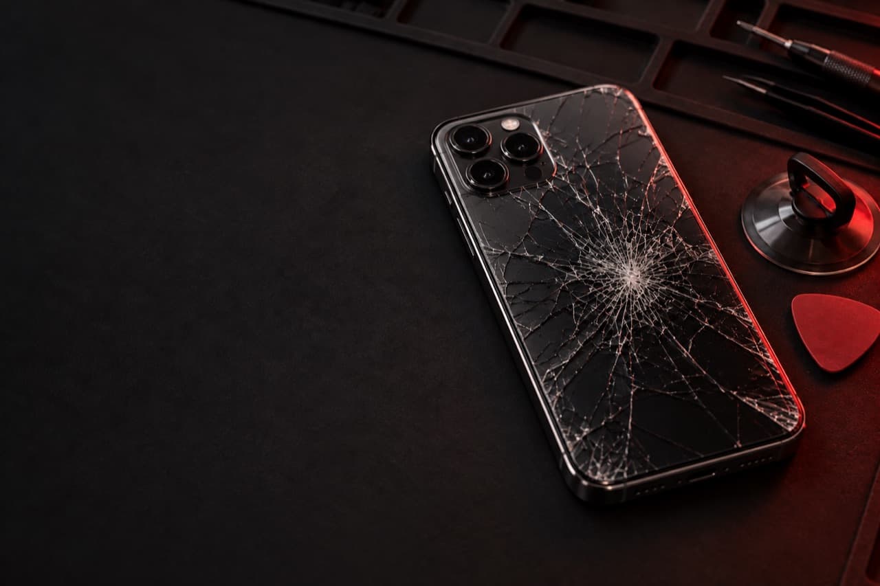 Celular boca abajo sobre un tapete de reparación oscuro con el vidrio trasero destrozado, iluminado con una luz roja lateral