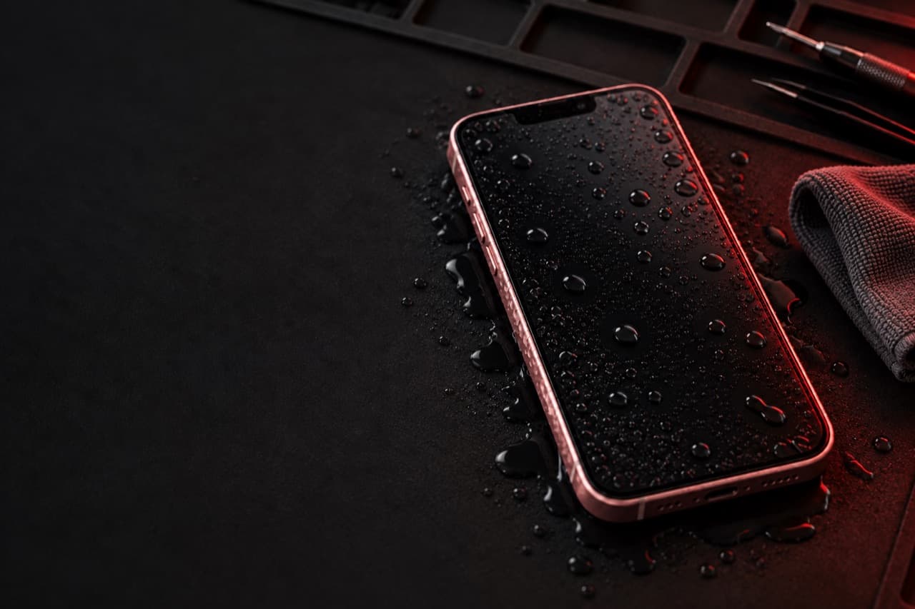 Celular con la pantalla apagada cubierto de gotas de agua sobre un tapete de reparación mojado, iluminado en rojo