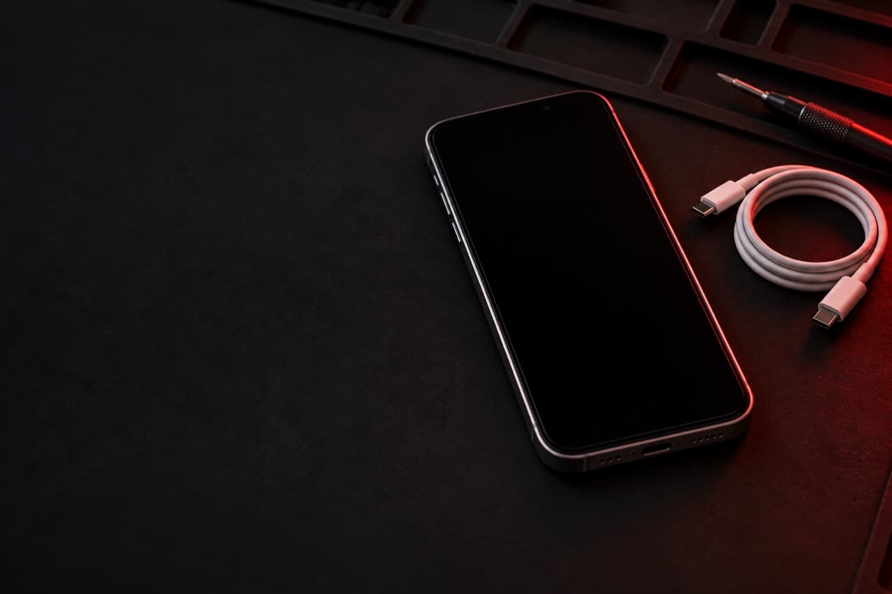 Celular apagado con la pantalla negra junto a un cable de carga desconectado sobre un tapete de reparación oscuro