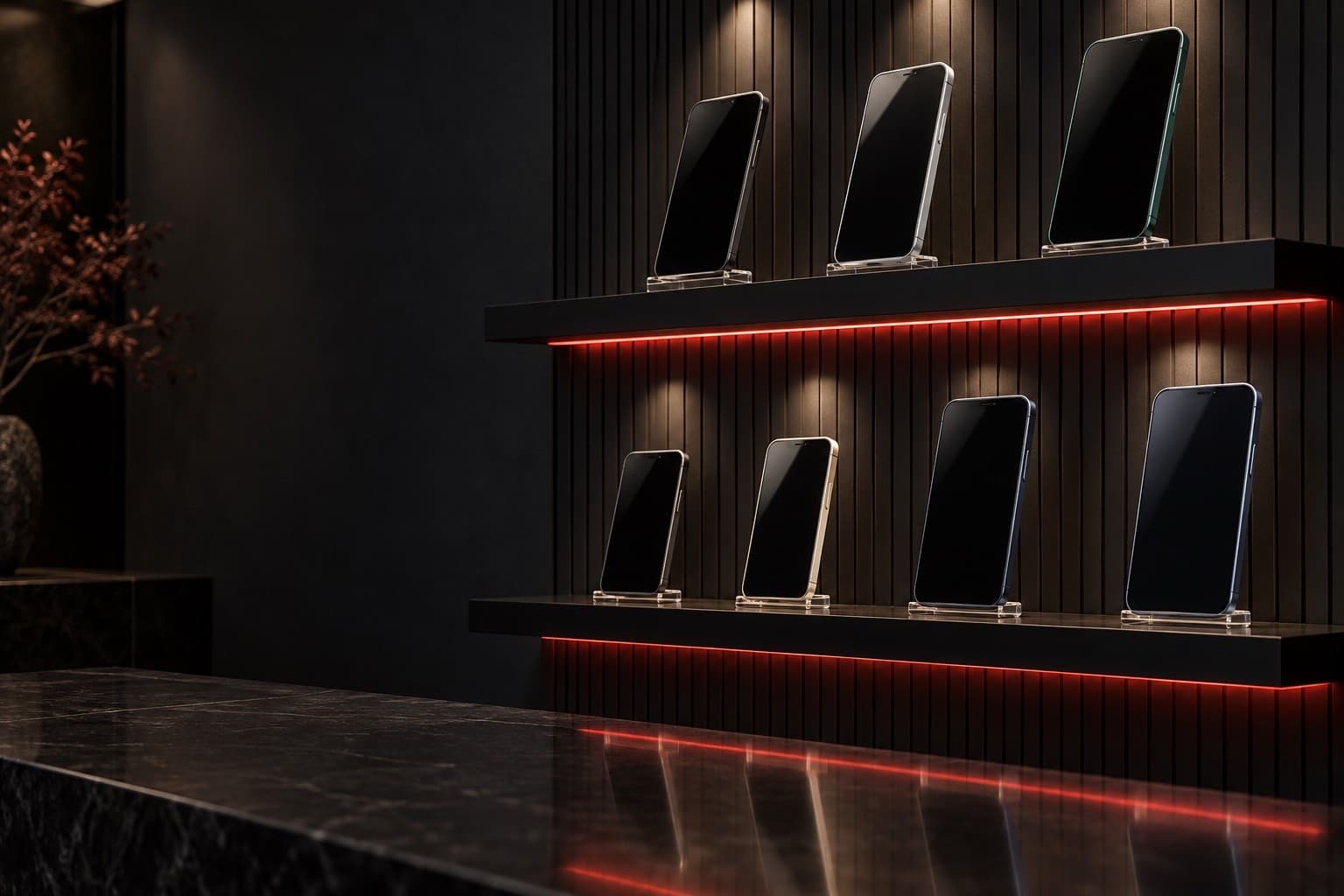 Seven smartphones standing on dark shelves lit from below by red LED strips