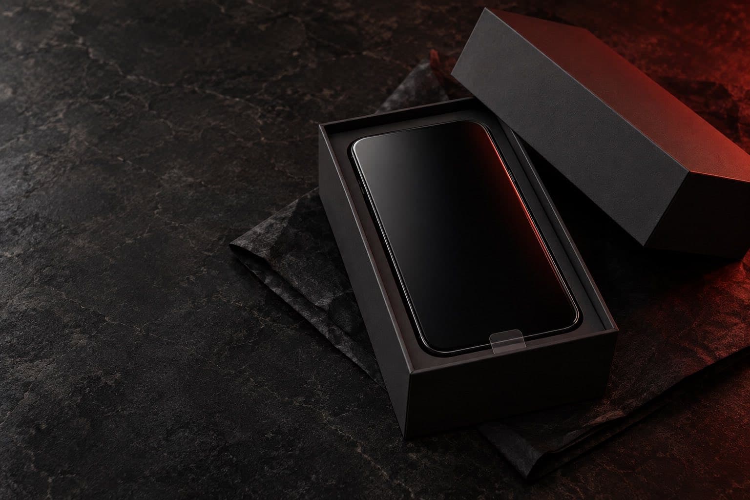 New smartphone in an opened plain black box with the lid set beside it