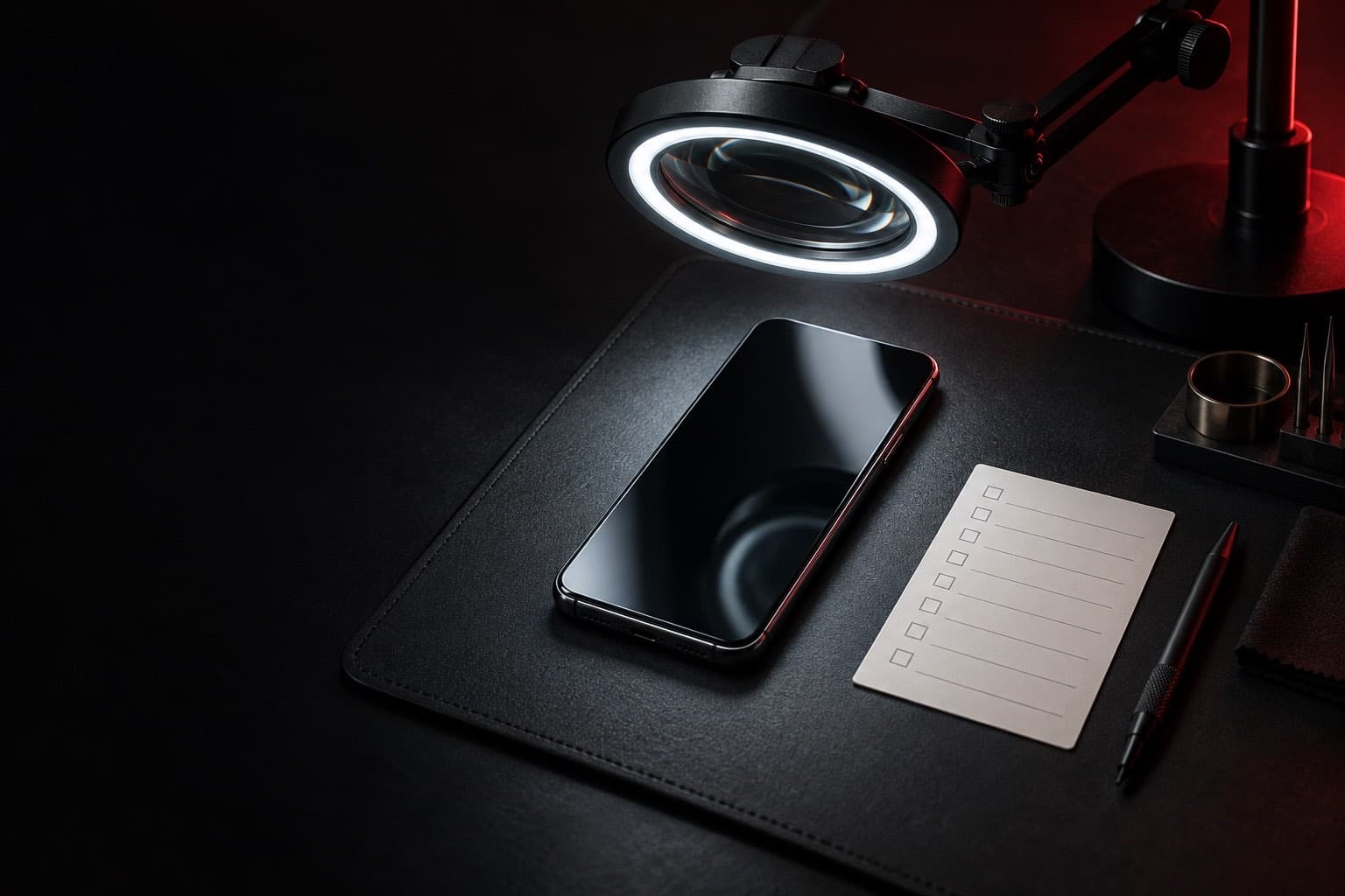 Smartphone on an inspection mat under a lighted magnifier beside a blank checklist card