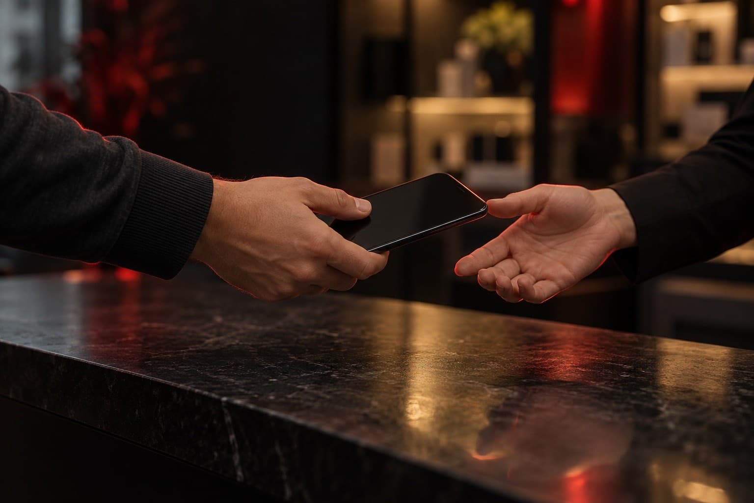 One person handing a smartphone to another across a dark stone counter