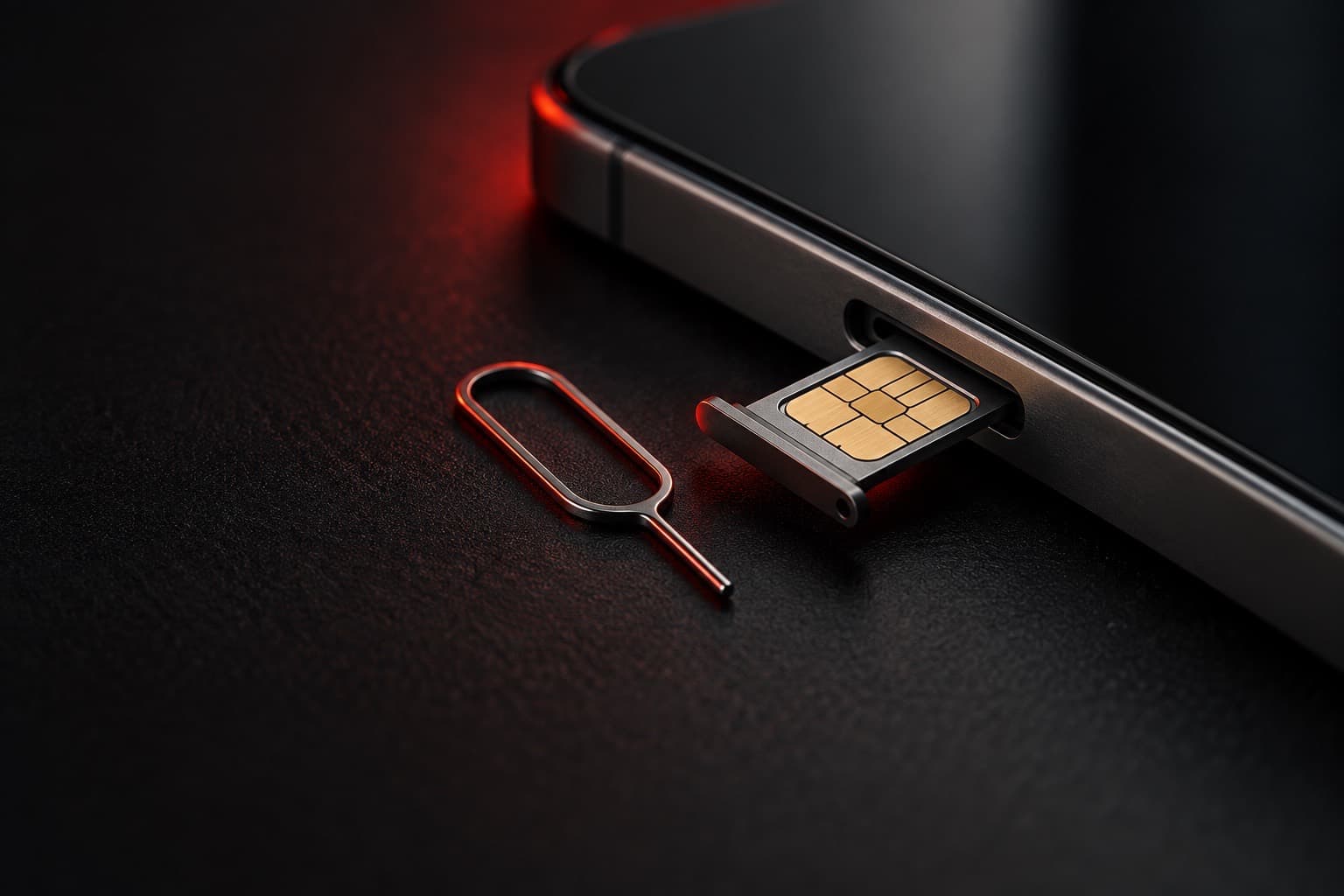 Phone SIM tray ejected with a nano SIM card and a SIM ejector tool beside it