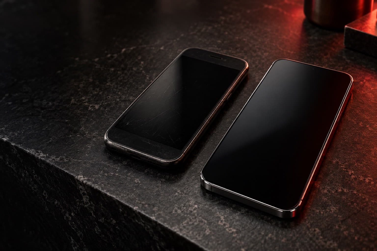 An older scuffed smartphone next to a sleek new smartphone on a dark counter