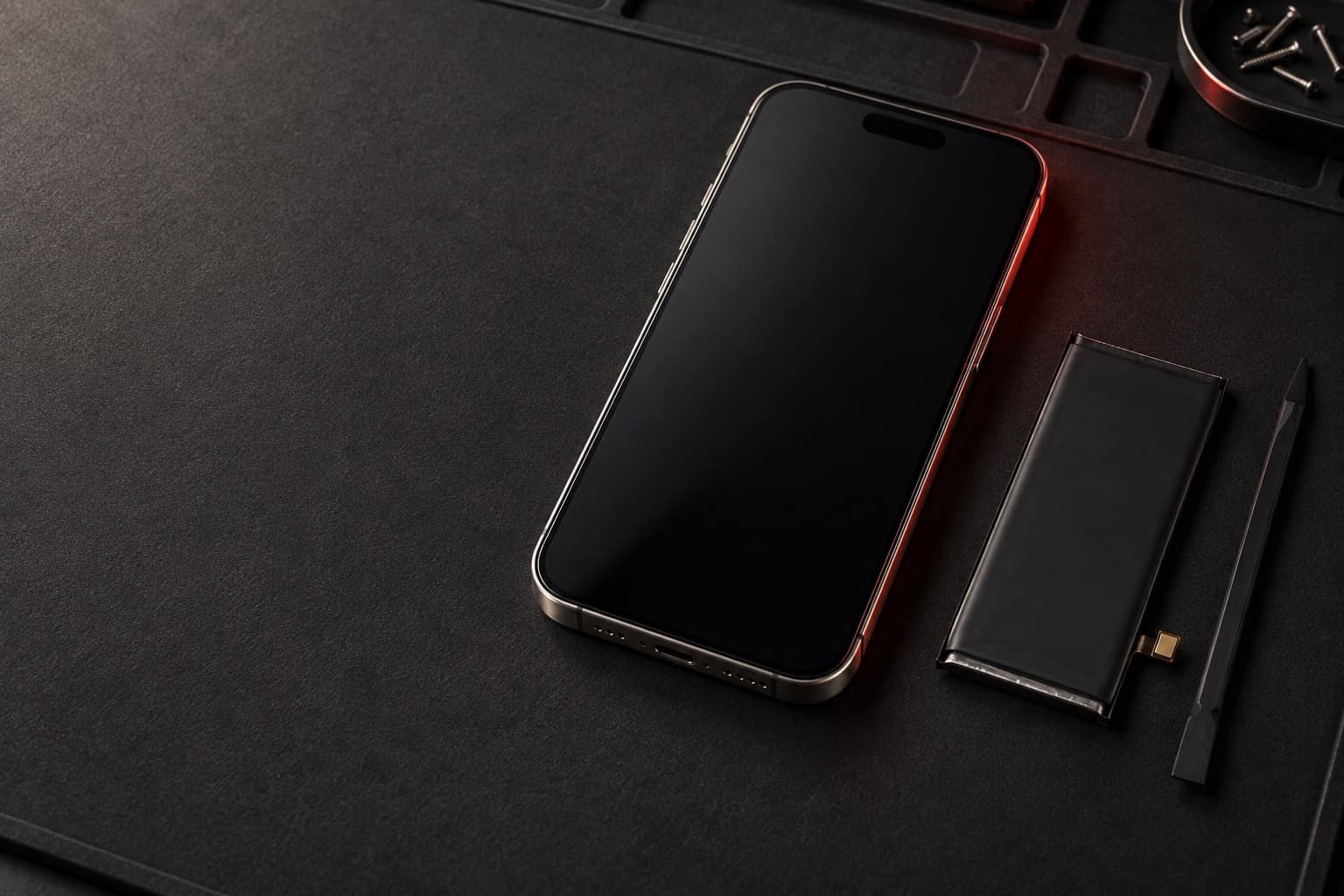 Natural titanium iPhone 15 Pro Max on a repair mat next to a replacement battery and a spudger