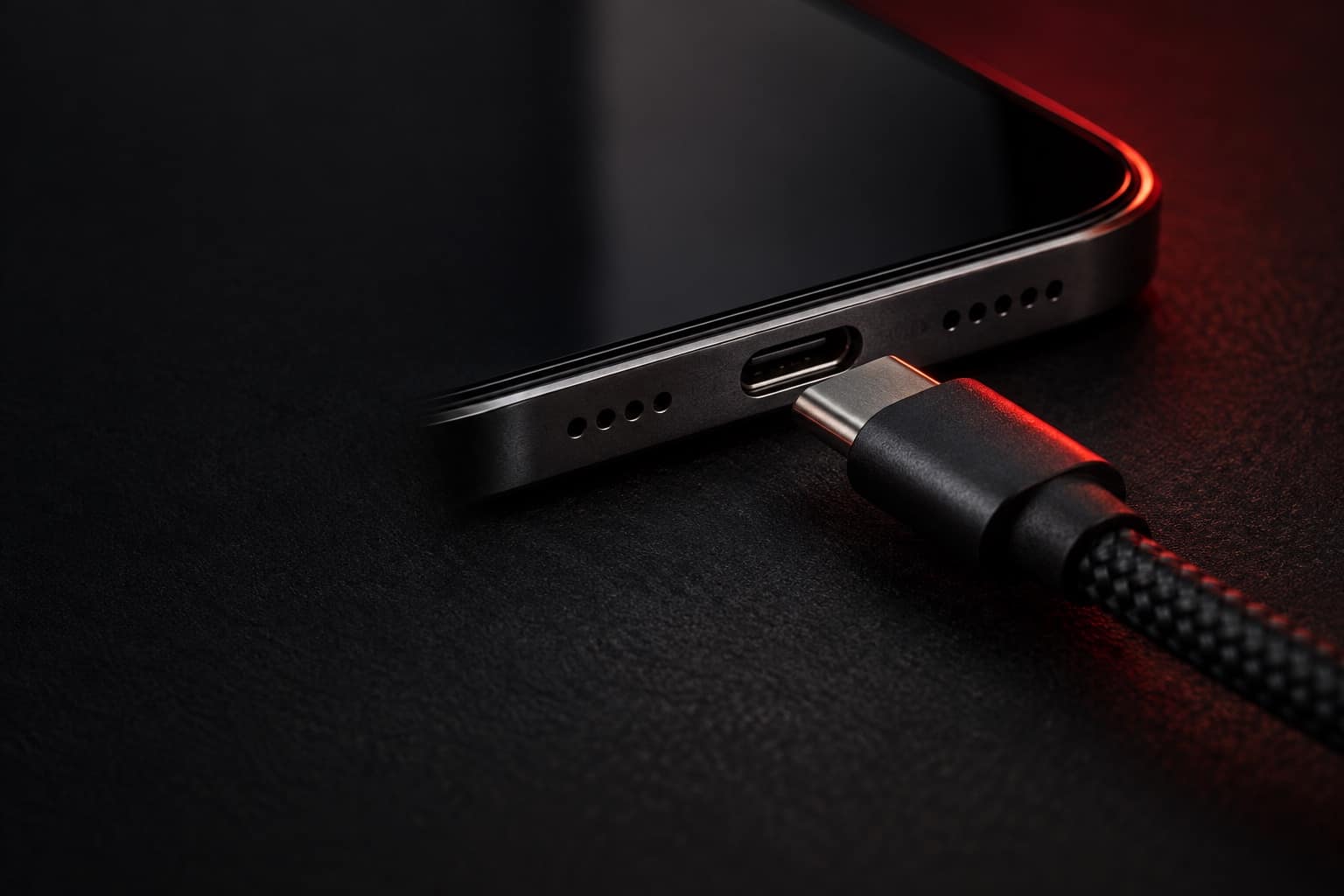 A braided USB-C cable plug about to be inserted into a phone's charging port
