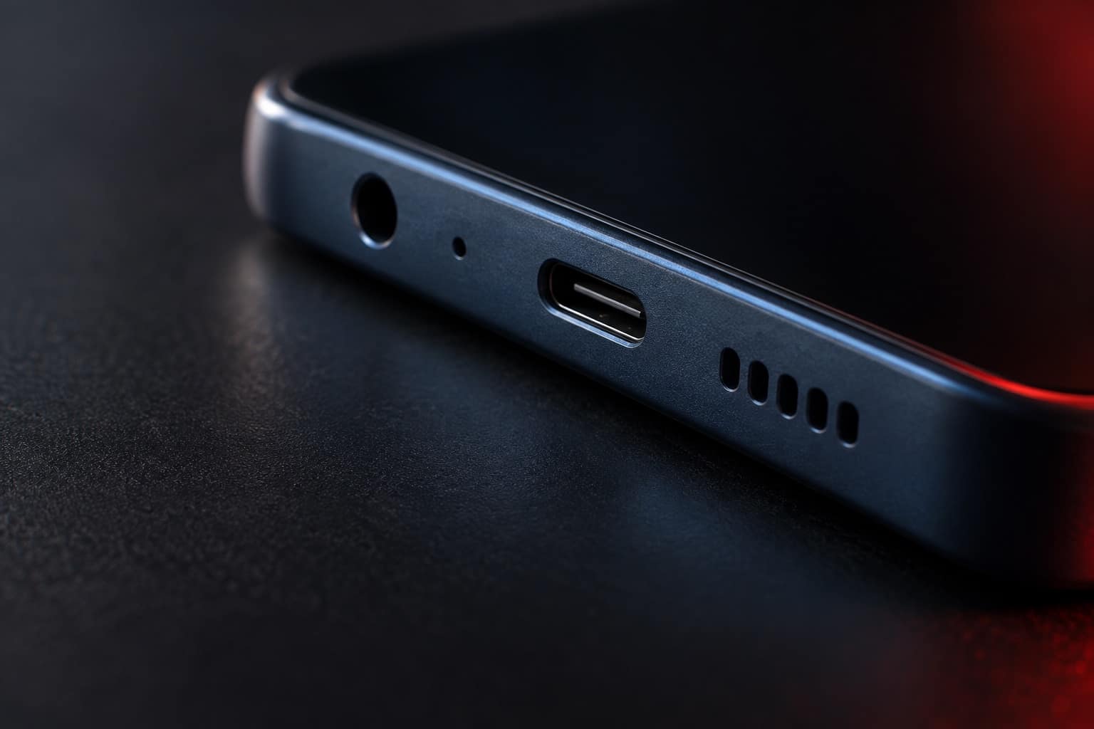 Bottom edge of a dark blue Galaxy A15 5G showing the headphone jack, USB-C port and speaker