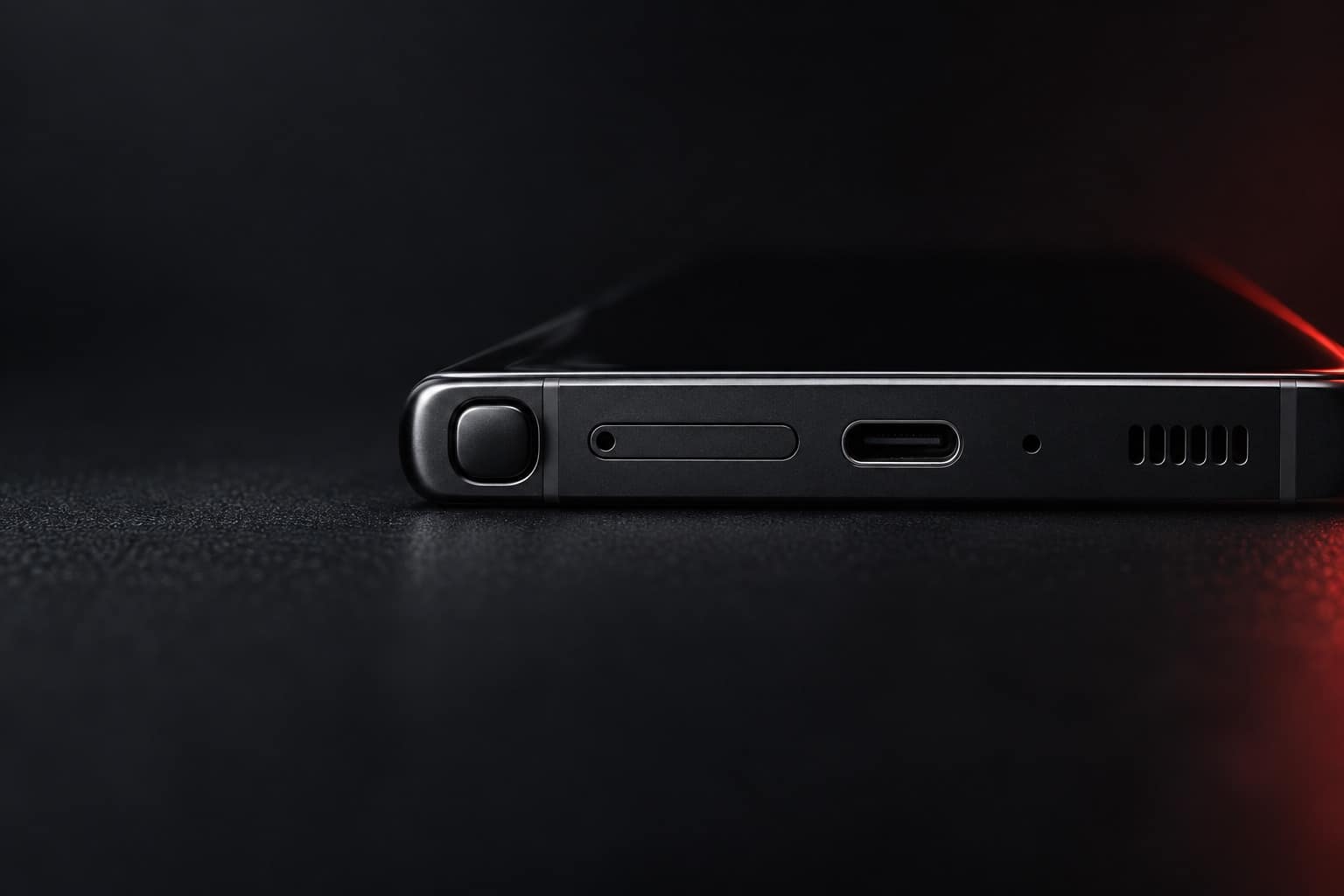Bottom edge of a black Galaxy S22 Ultra showing the S Pen, SIM tray, USB-C port and speaker