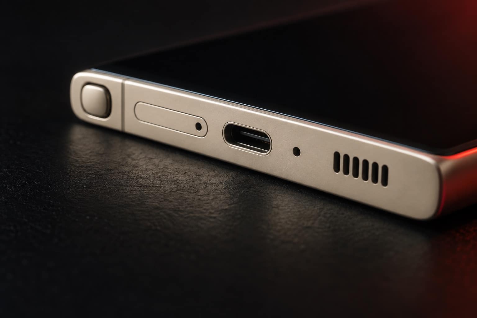 Borde inferior de un Galaxy S23 Ultra color crema con el S Pen, la bandeja SIM, el puerto USB-C y el altavoz