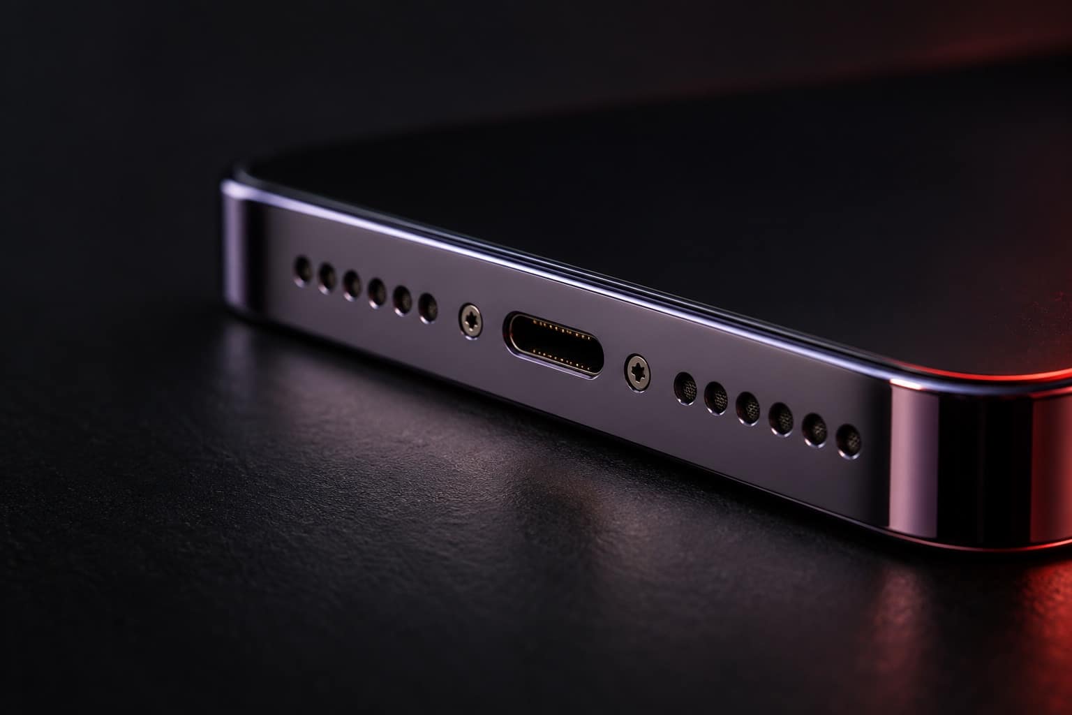 Bottom edge of a deep purple iPhone 14 Pro Max showing the Lightning charging port and speaker grilles
