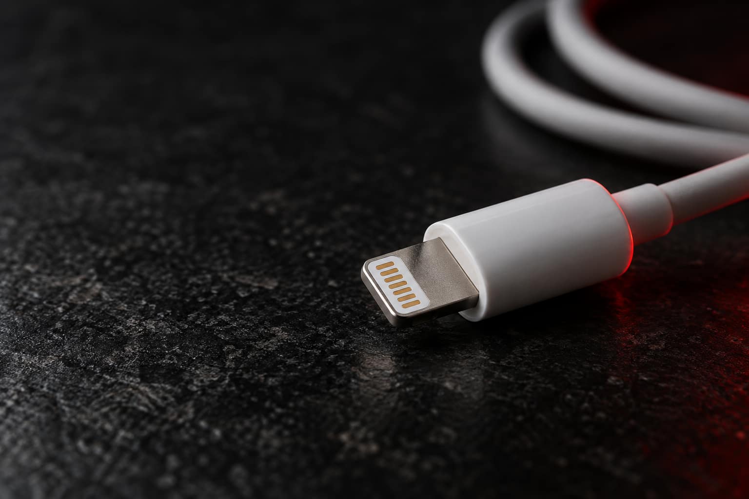 White Lightning charging cable plug with its gold contacts on a dark stone counter