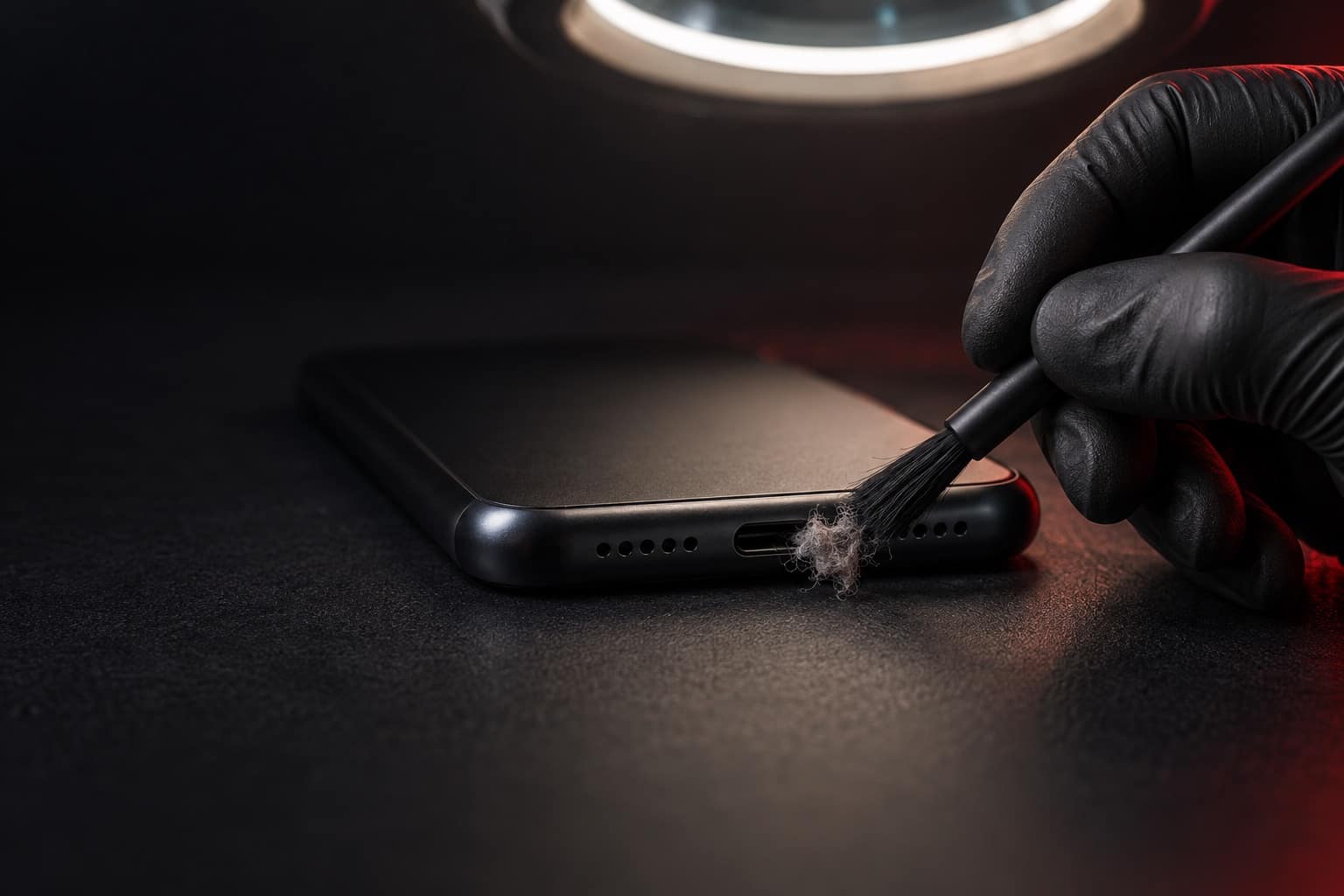 Gloved technician brushing lint out of a phone charging port under a magnifier lamp