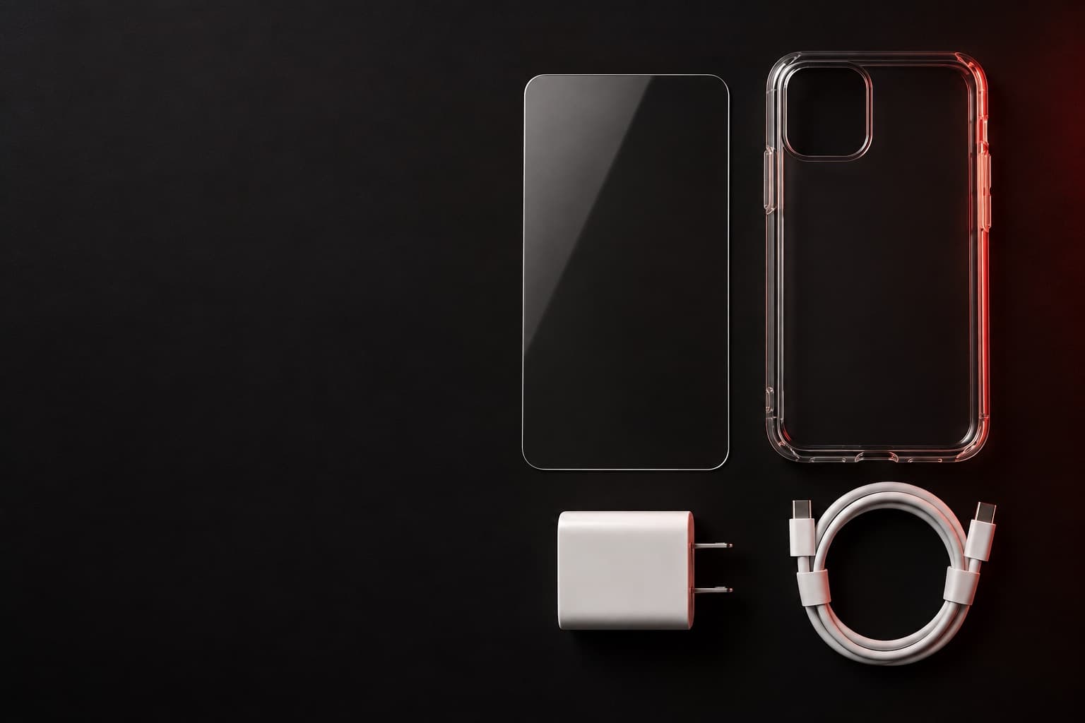 Tempered glass screen protector, clear phone case and USB-C wall charger with cable laid out on a dark surface