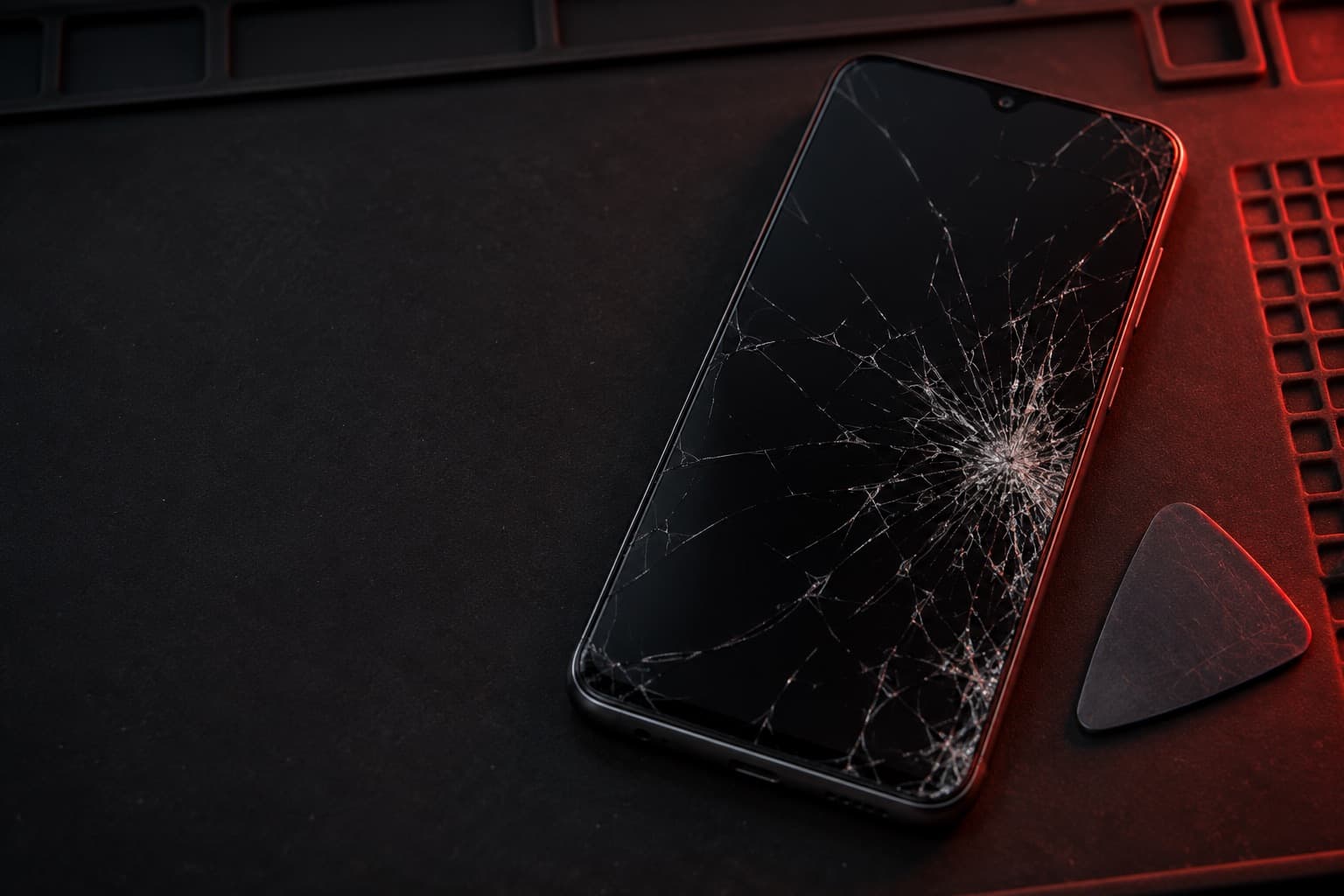 Samsung Galaxy A16 5G gris oscuro con la pantalla rota sobre un tapete de reparación junto a una púa