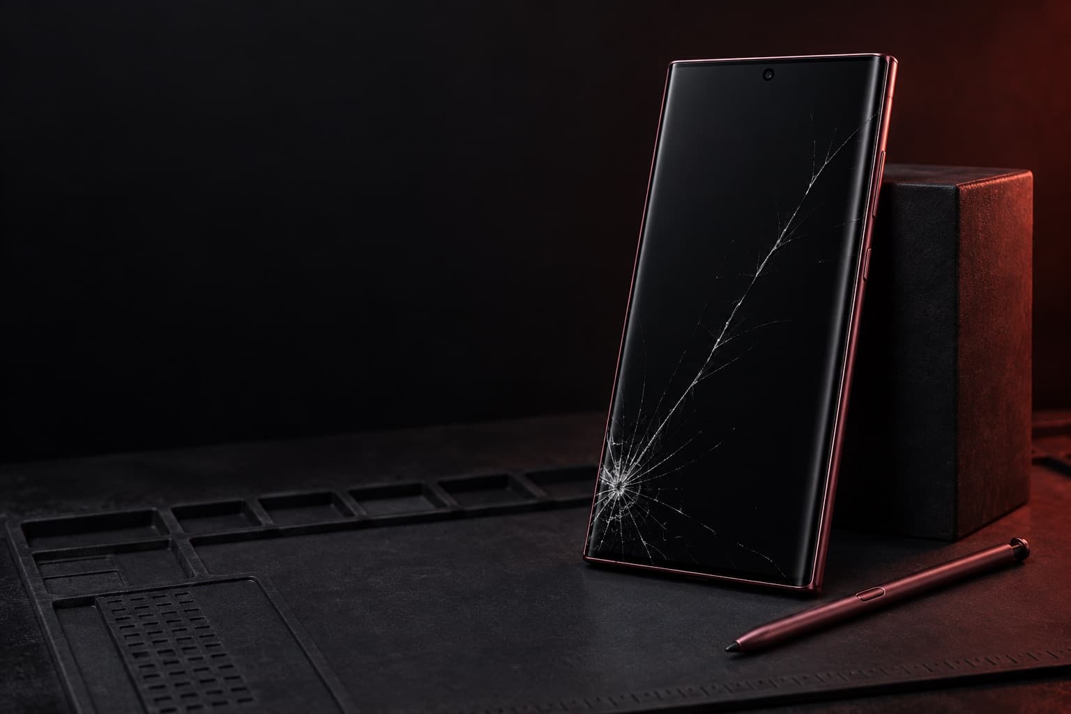 Burgundy Samsung Galaxy S22 Ultra with a cracked screen leaning on a block, S Pen beside it
