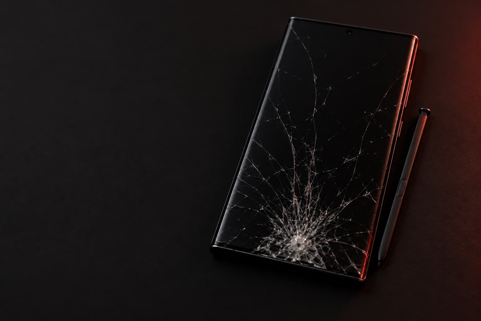 Samsung Galaxy S23 Ultra with a shattered screen lying next to its S Pen