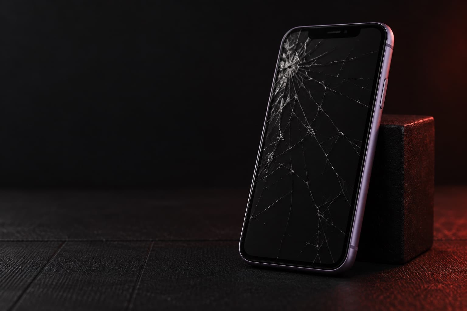 Purple iPhone 11 with a cracked screen leaning against a block on a dark bench