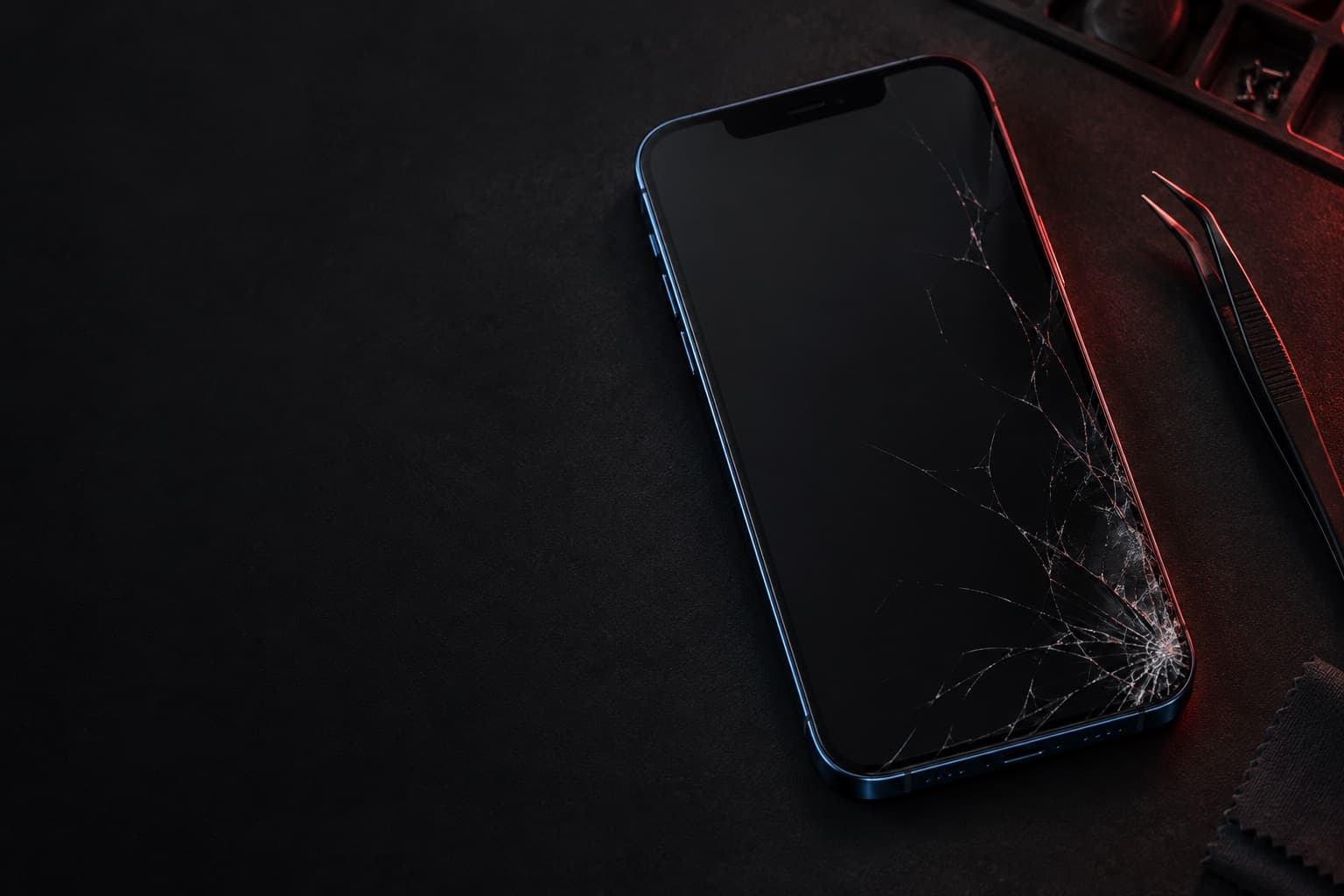 iPhone 12 Pro Max in pacific blue with a cracked screen on a repair mat next to tweezers
