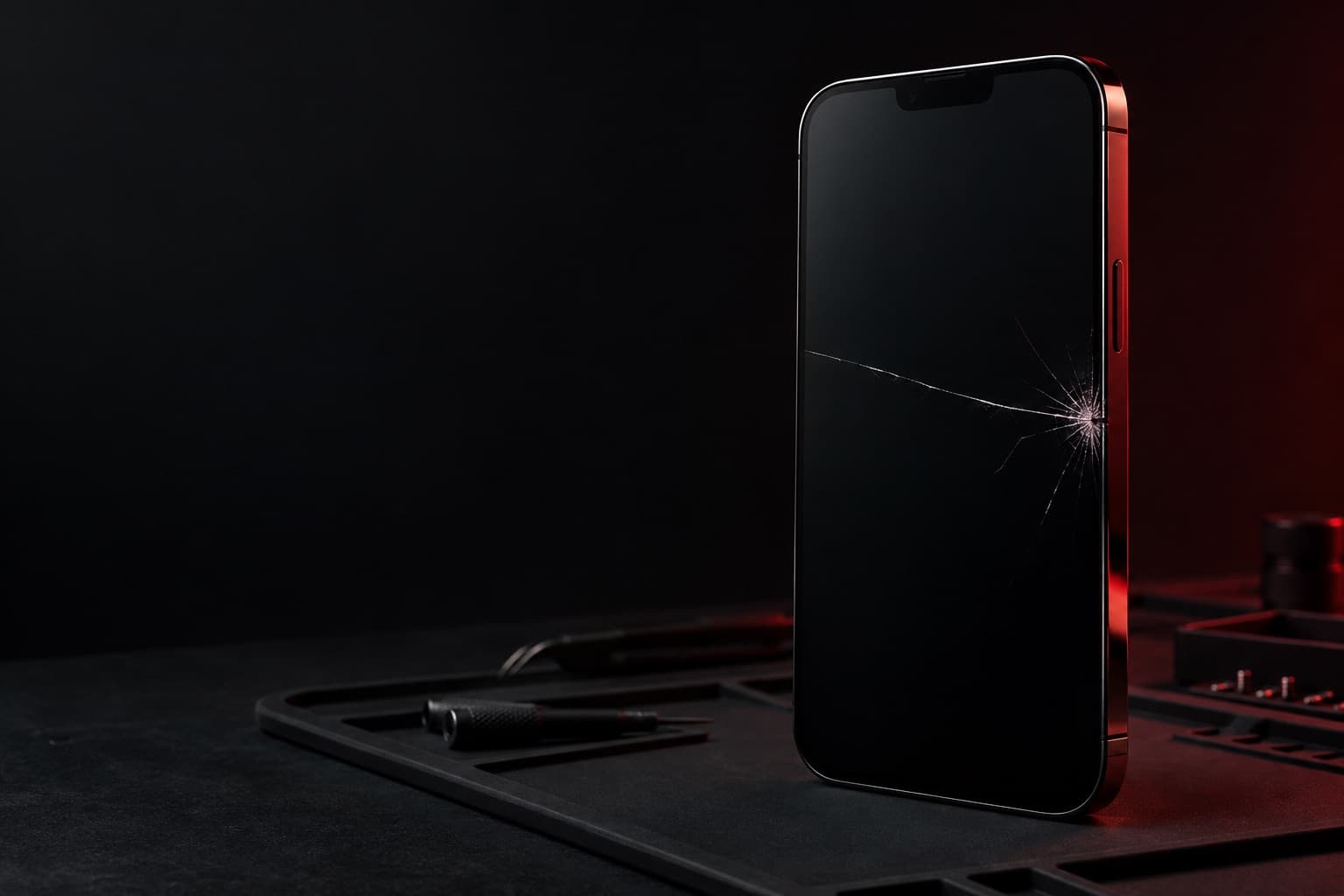 iPhone 13 Pro Max in graphite standing upright with a cracked screen on a repair mat