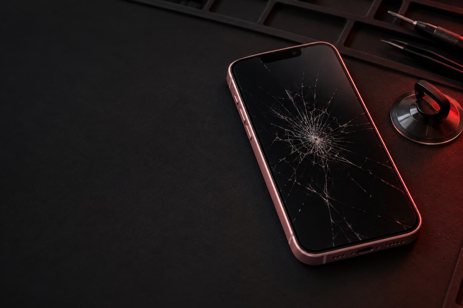 Pink iPhone 13 with a shattered screen on a repair mat beside a suction cup tool
