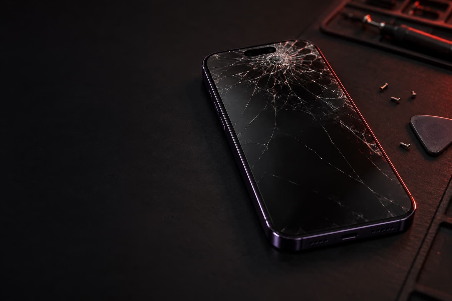 iPhone 14 Pro Max in deep purple with a shattered screen on a repair mat with loose screws and a pry tool