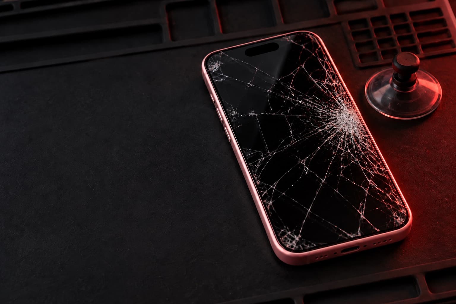 iPhone 15 Plus with a shattered screen on a repair mat beside a suction cup tool