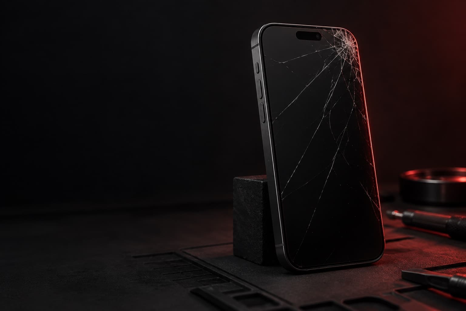 iPhone 15 Pro Max in black titanium with a cracked screen leaning upright on a repair bench