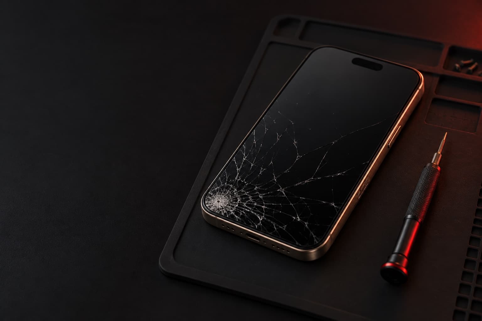 iPhone 16 Pro Max in desert titanium with a cracked screen on a repair mat next to a precision screwdriver