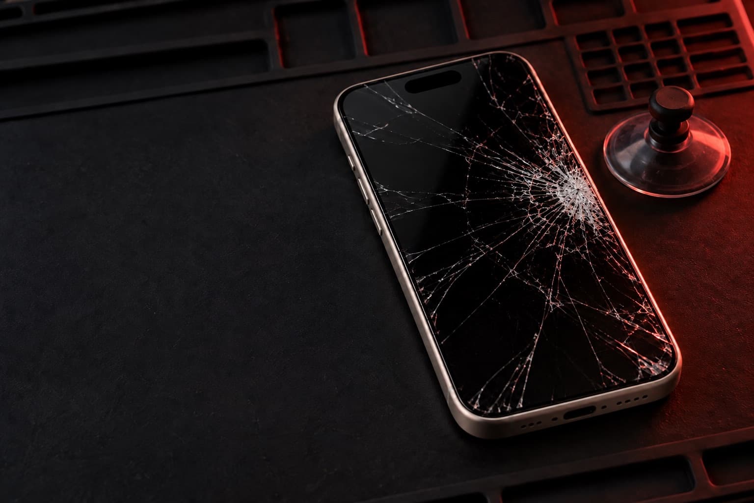 iPhone 16 Pro with a shattered screen on a repair mat beside a suction cup tool