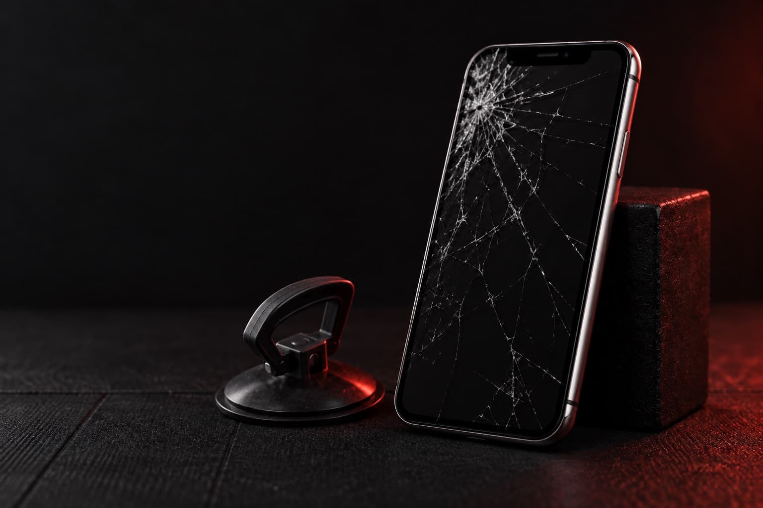 iPhone X with a shattered screen on a repair mat beside a suction cup tool