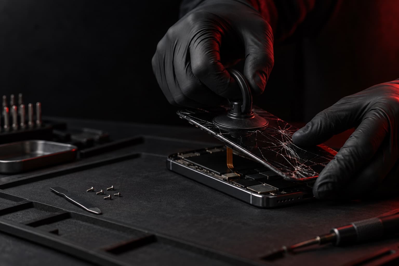 Technician's gloved hands lifting a cracked screen off a phone with a suction tool on a repair bench