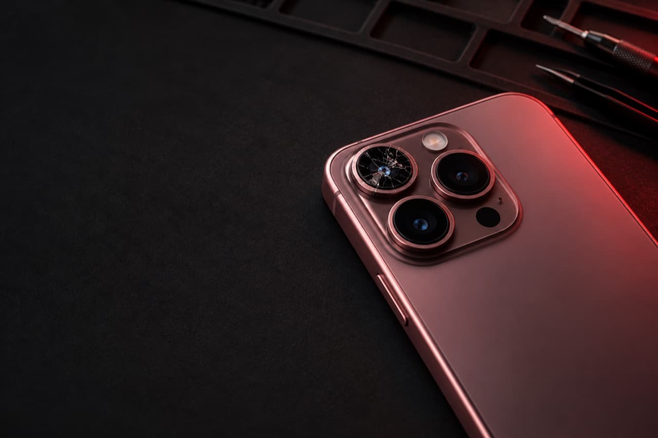 Close-up of a smartphone's rear camera with one cracked lens cover, on a dark repair mat under red light